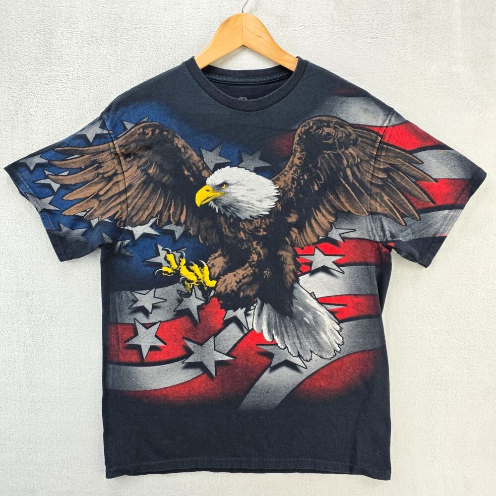 Liquid Blue American Flag Bald Eagle -Shirt Mens Large Black Vintage Y2K Aop
